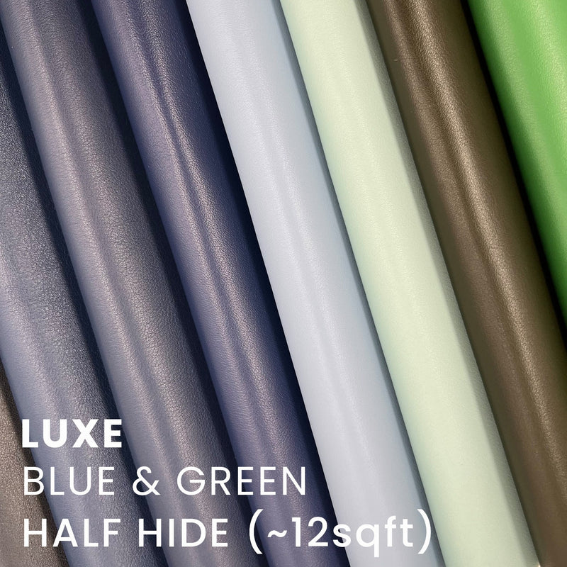 Blue green color tone luxe full grain (highest grade) bovine cow leather semi-aniline, slightly satin, almost matte chrome tanned soft half leather hide 8 - 12 square feet