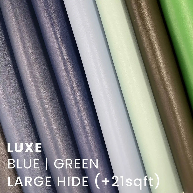 Blue green color tone luxe full grain (highest grade) bovine cow leather semi-aniline, slightly satin, almost matte chrome tanned soft large leather hide 21+ square feet